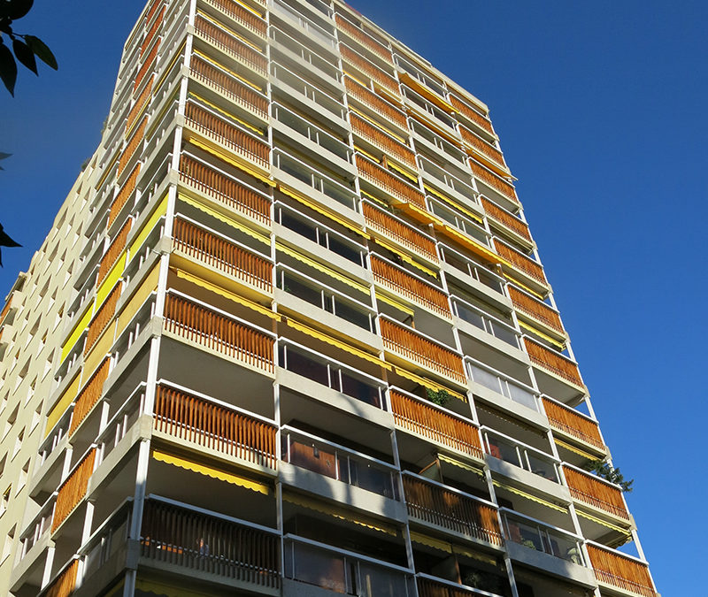 Aerial view of Monaco’s Granada Building located in the Jardin Exotique district