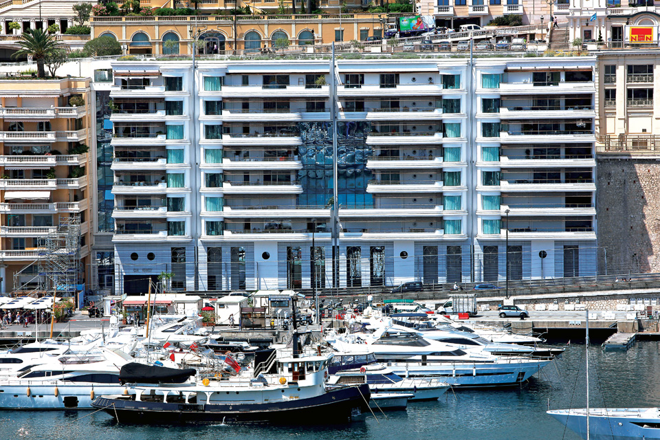 Aerial view of Le Quai Kennedy overlooking Monaco’s Port Hercule and the Mediterranean Sea