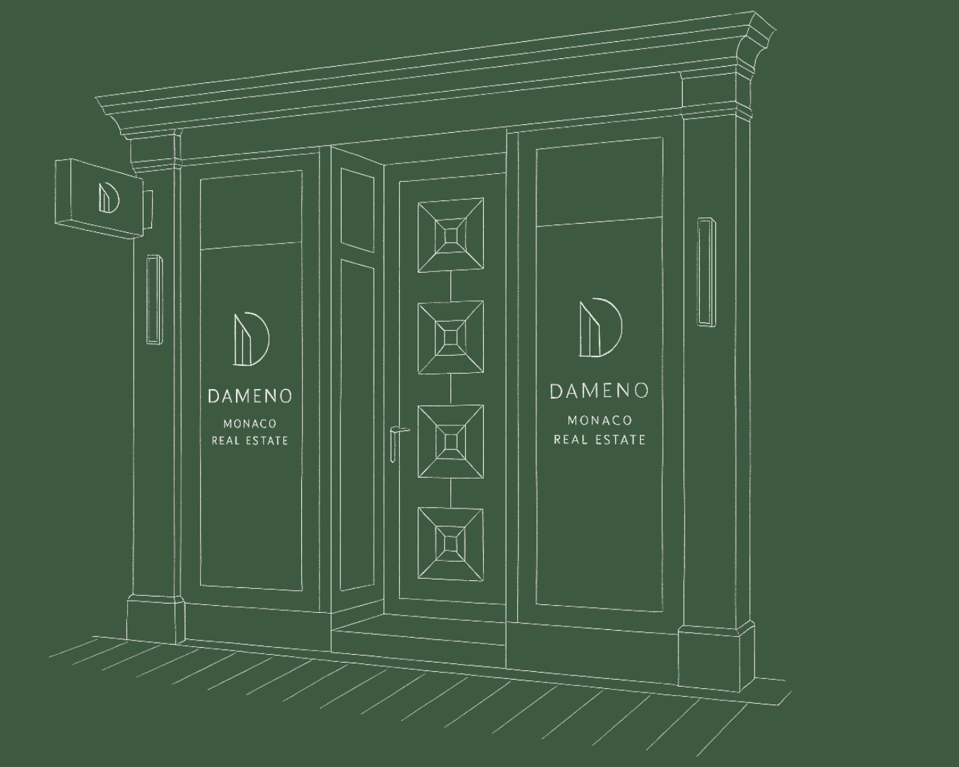 An illustration of the storefront of Dameno Monaco Real Estate in Monte Carlo