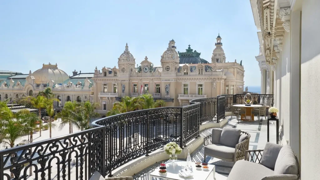 View over Casino Square in Monaco’s Carré d’Or, seen from the Hotel de Paris balcony.