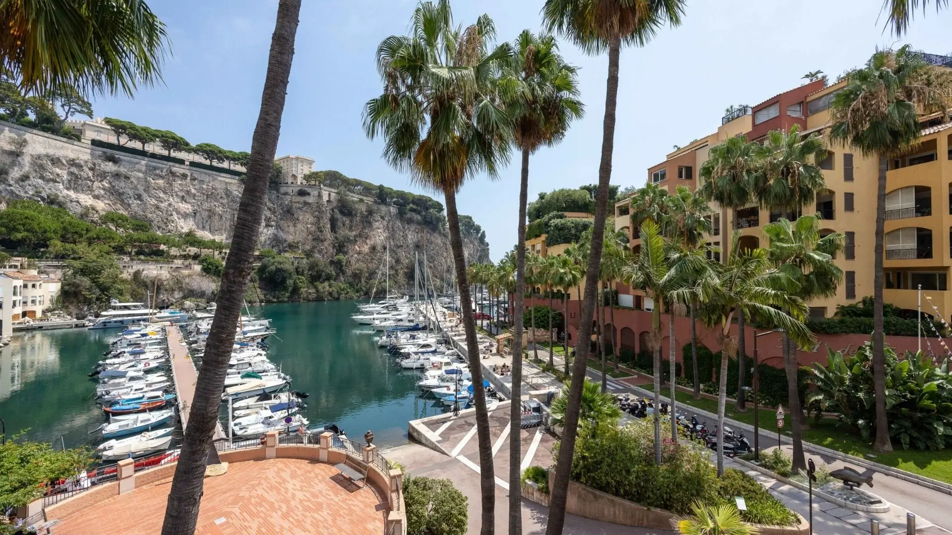 The port of Fontvieille photographed from the Commercial Centre of the neighbourhood, offering shops and local amenities in Monaco