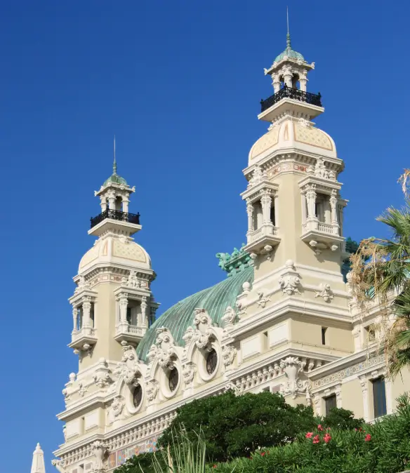 The top of the Monte Carlo Casino photographed on a sunny day in Monaco