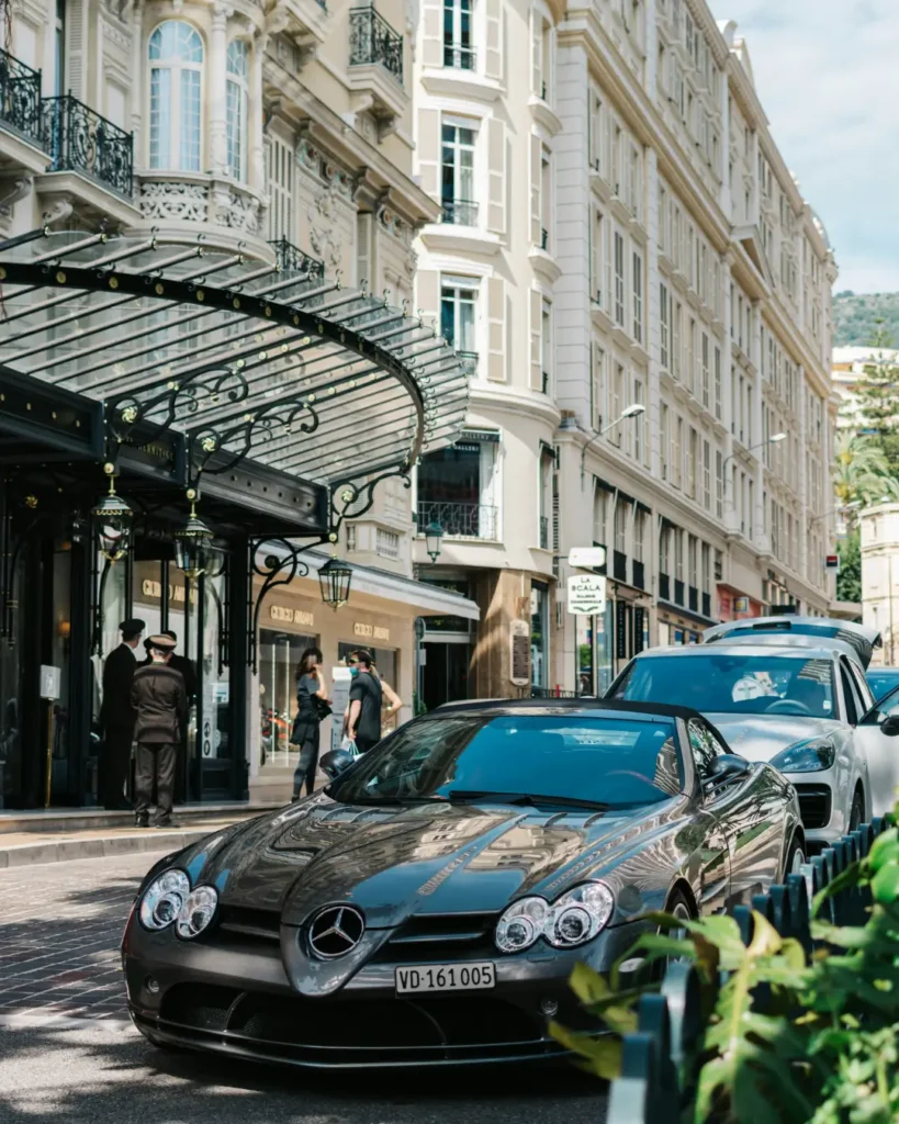 Luxury cars in front of the Hermitage Hotel in Monte-Carlo, Monaco