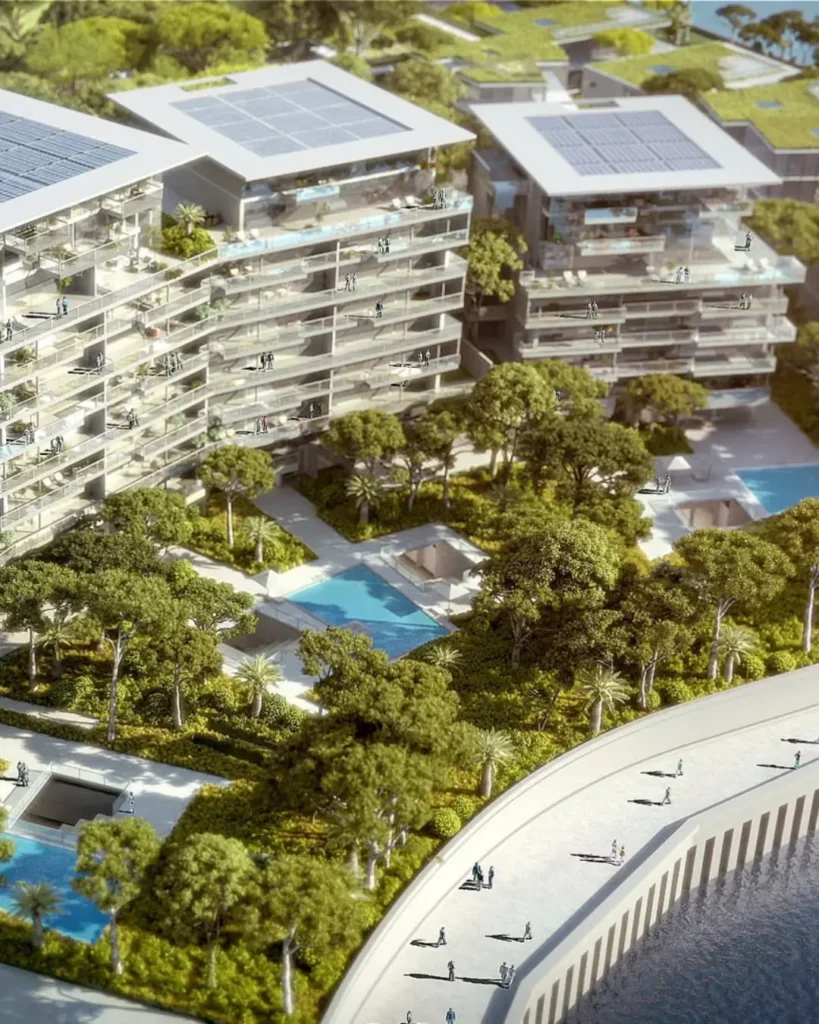 Aerial image of Les Jardins d'Eau, za luxury residential complex in Mareterra, Monaco