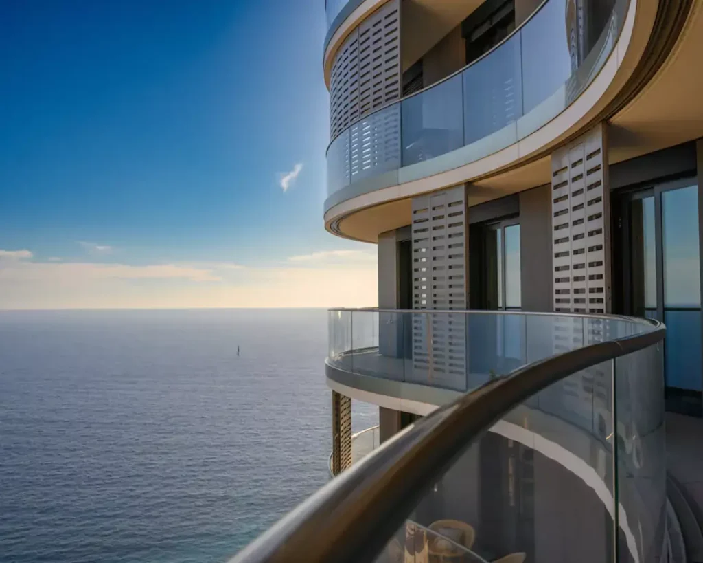 An architectural image of the balconies of MoNa residence and the building's expansive sea view