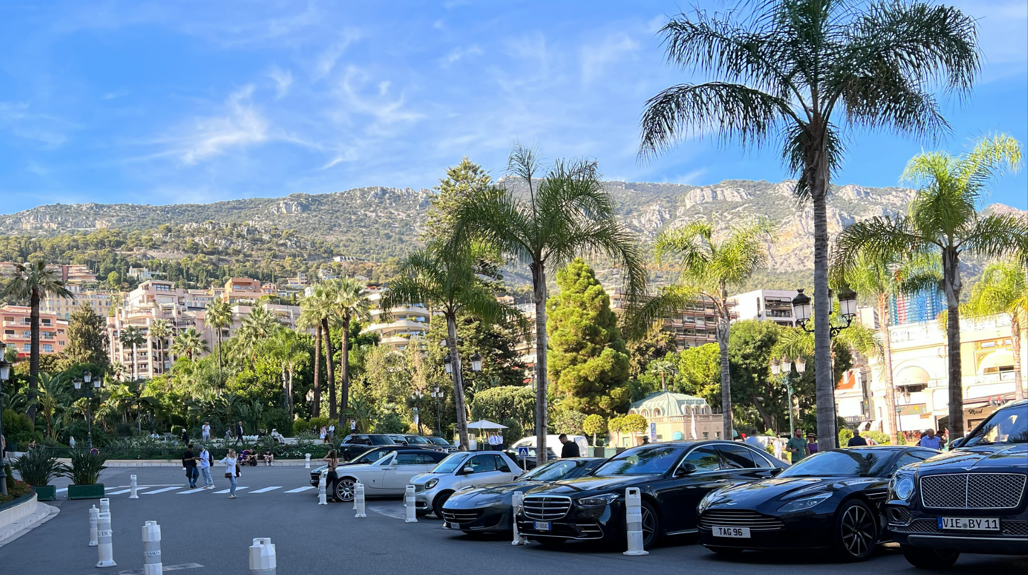 Cars parked at the Hotel de Paris in Monaco's Casino Square